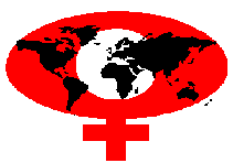 red women's symbol with image of continents in black